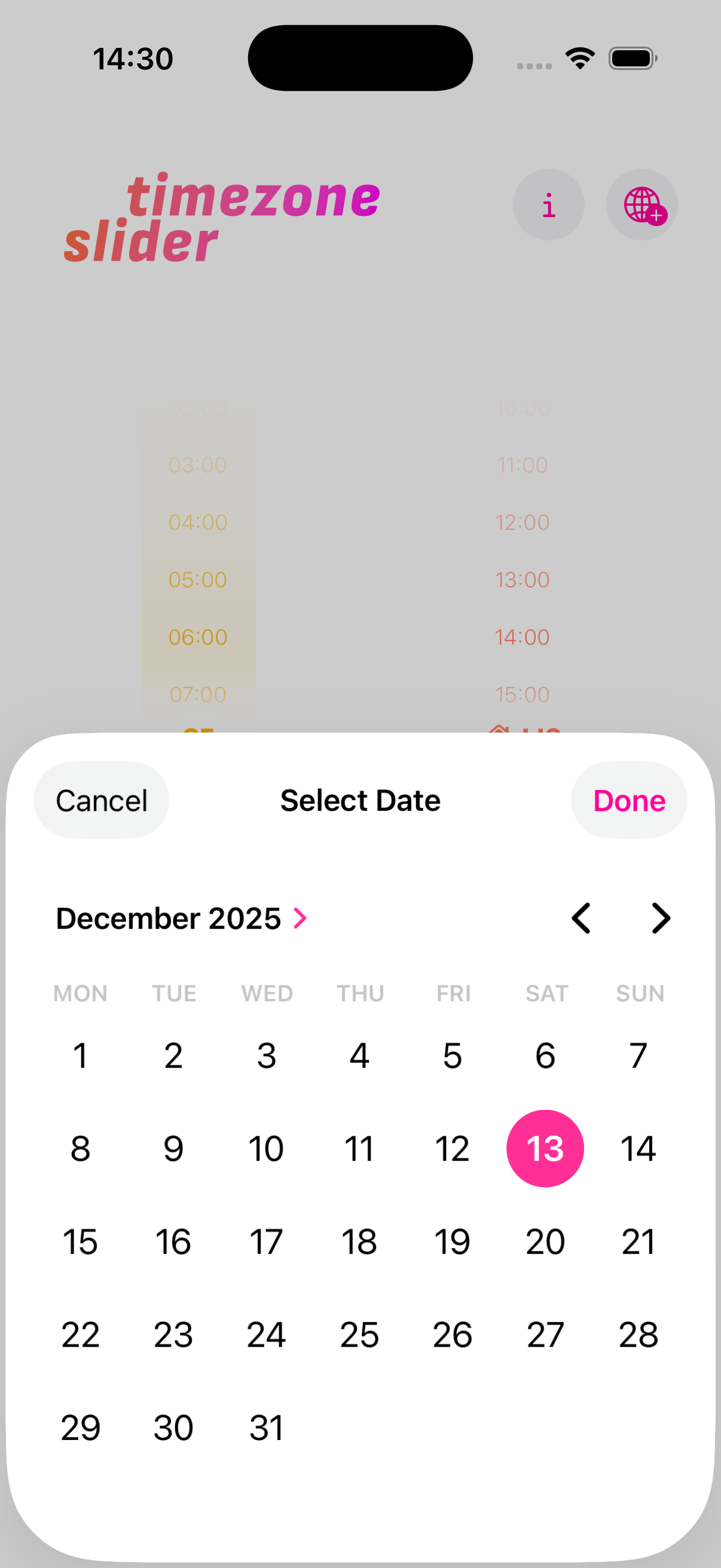 Time Slider calendar integration screen for creating events across timezones
